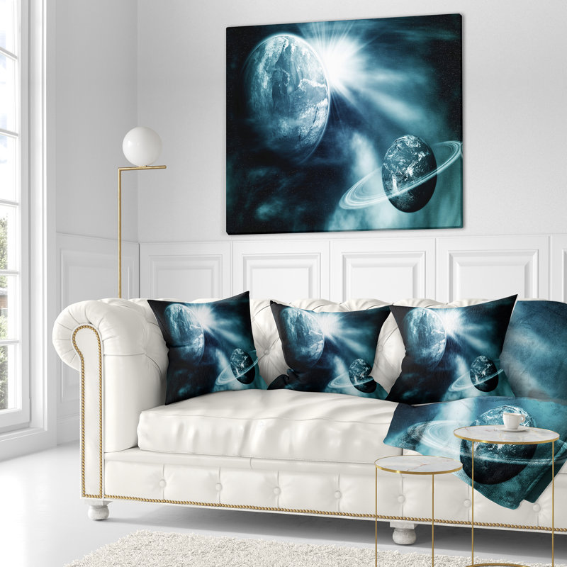 Vue de l'espace avec deux planètes - coussin imprimé abstrait, 18 po x 18 po, Coussin décoratif