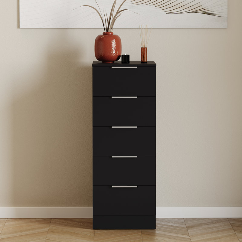 Tanishi 5 Drawer Narrow Chest Of Drawers Modern Storage Solution For Bedroom Nursery Home Office Living Room, Black