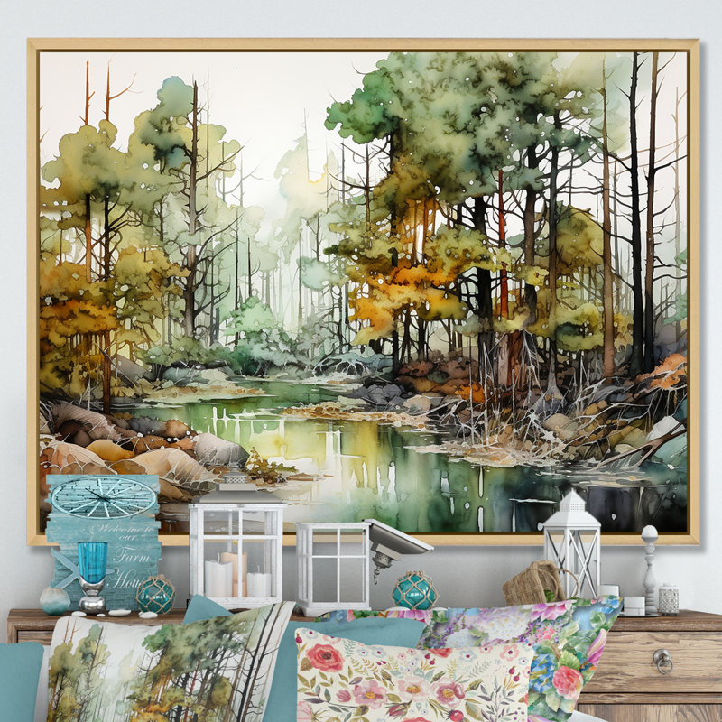 Paysage de forêt à l'encre alcoolisée sur toile, Cadre naturel flottant, H 34 po x l 44 po x P 1,5 po