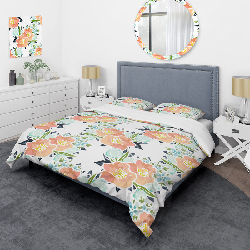 Ensemble de housse de couette Orange and Blue Flower - Cabin & Lodge, Housse de couette pour grand lit et 2 taies décor