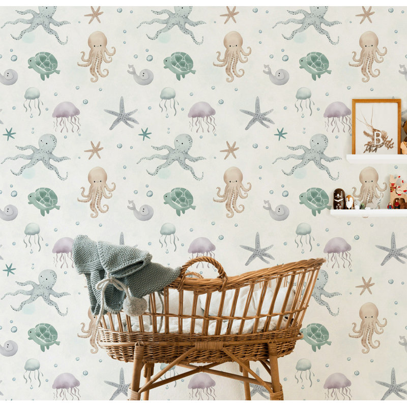 Papier peint adhésif pieuvre et méduse sous-marine | Mignon décor de chambre de bébé océan