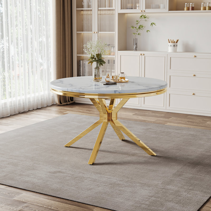 Round Unfinished Marble Top Metal Base Dining Table, White, Gold