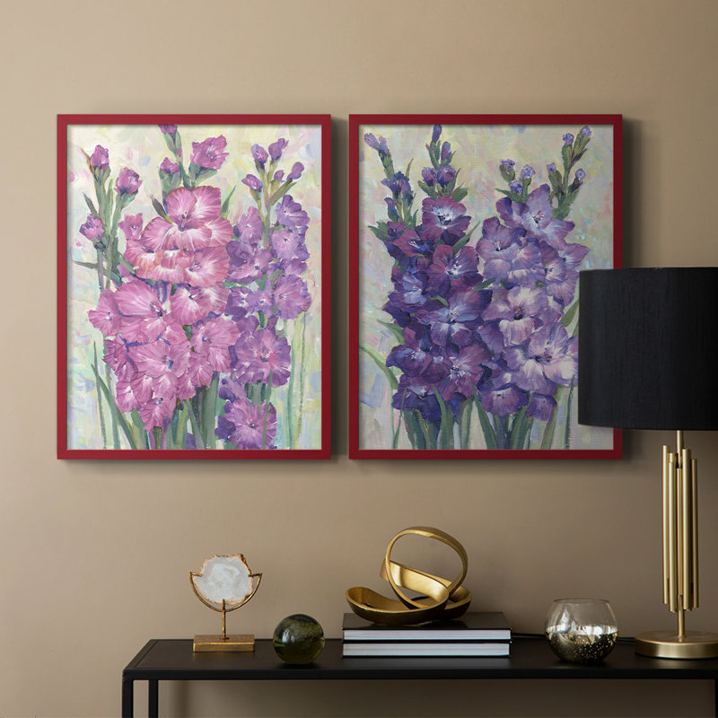 «Gladiolas Blooming I», reproduction encadrée de qualité supérieure - prête à être accrochée - aucun clou requis - aucun clou requis