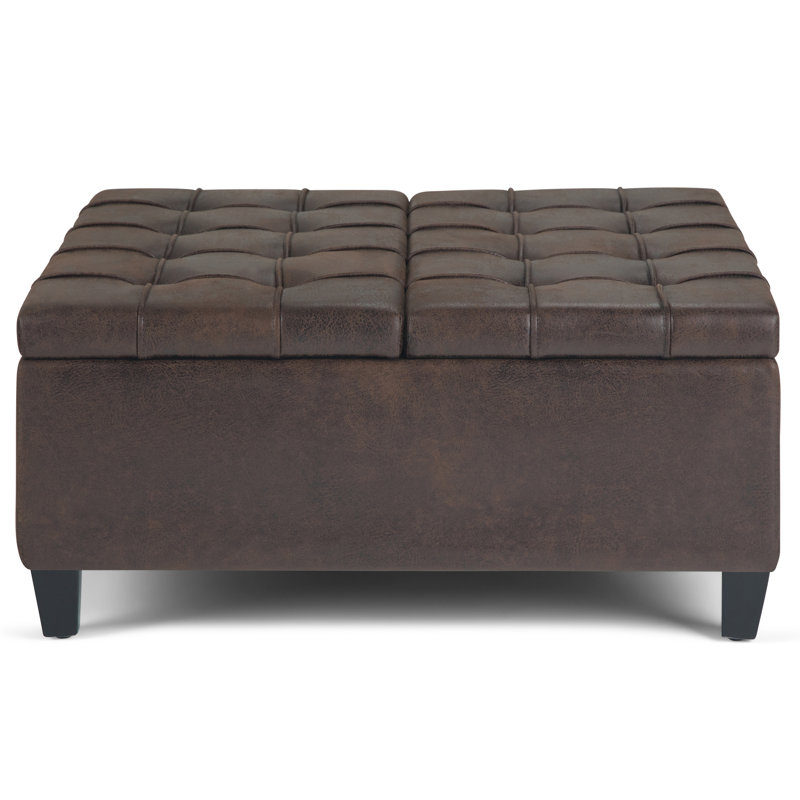 Harrison 36"W Upholstered Vegan Leather Transitional Square Lift-Top Ottoman with Hidden Storage, Brown Faux Leather