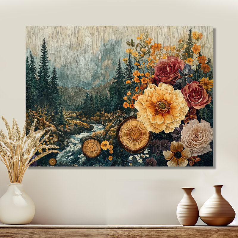 Fleurs d'automne d'automne sur une glissade en bois - Bouquets assortis, H 30 po x l 40 po, Toile tendue sur cadre