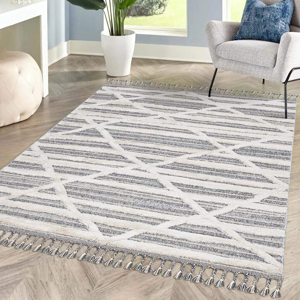 Teppich Wohnzimmer Boho-Stil Graublau Creme Raute-Streifen-Muster Relief-Optik 3D-Effekt Cut-&Loop Sisal Moderne Fransen...