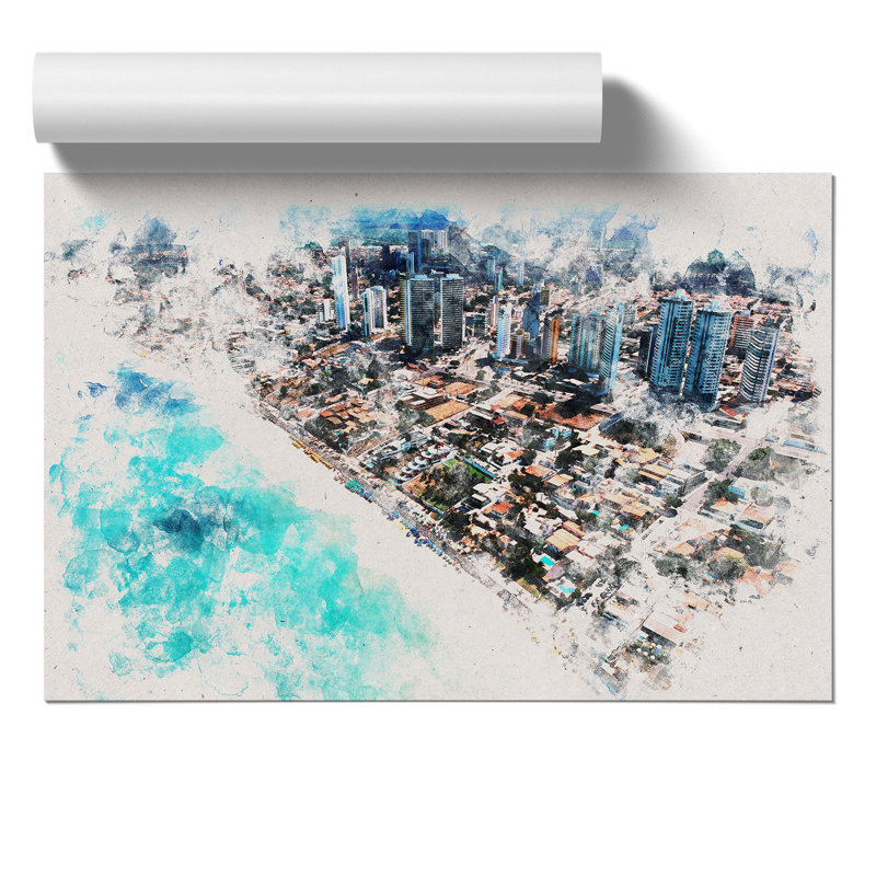 Skyline of Ponta Negra in Brazil Watercolour - Frameless Print, 21cm H x 30cm W x 0.1cm D