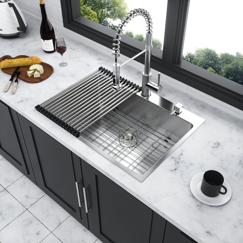 Stainless Steel Drop In Basin Sink 25", 16 Gauge And Resilient, Scratch- Finish, Noise Reduction Feature, Include Clips Basket Strainer High Durability, Deep Single Bowl For Maximum Utility,