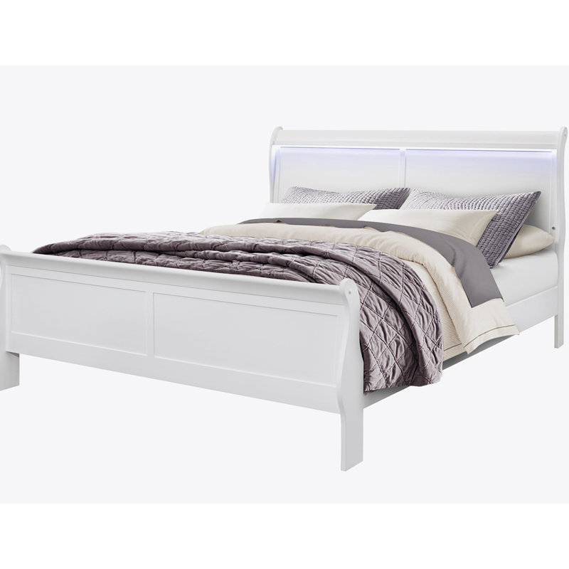 Iselys BED WITH LED,Platform Bed,Bed Frame, White, King