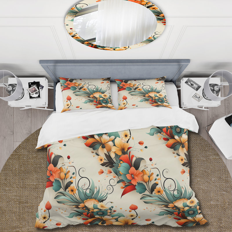 Retro Bouquet Revival Box Stitch Floral Duvet Cover, King Duvet Cover + 2 King Shams