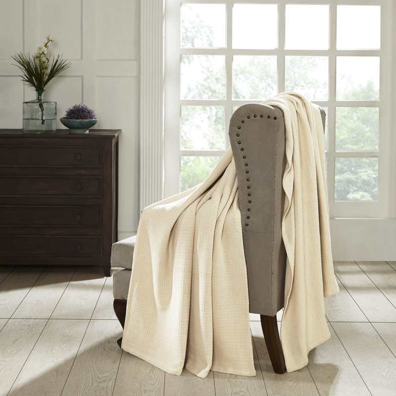 Ivory Waffle Weave Honeycomb Knit Cotton Throw Blanket