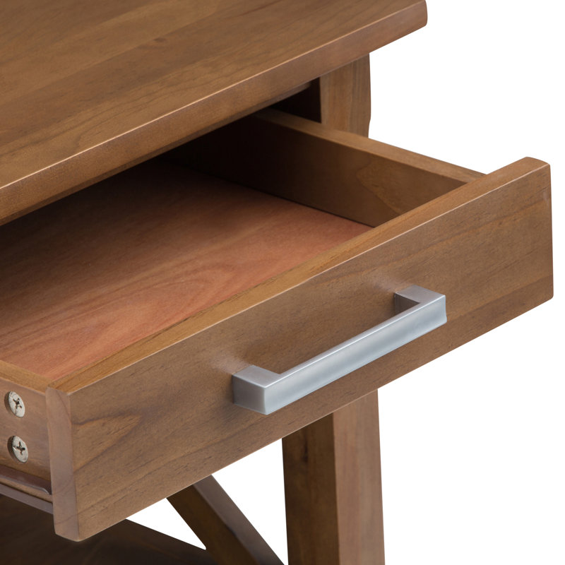 Kitchener Solid Wood Contemporary Narrow Rectangular End Table with Drawer, Open Shelf and X-Design, Brown