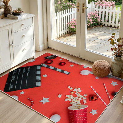 Red Machine Washable,Movie Tickets Clapperboard Pop Corn Indoor Area Rug