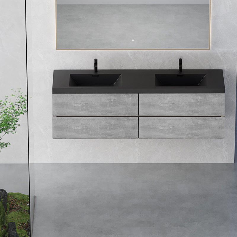 Meuble-lavabo de salle de bain mural moderne avec deux lavabos en quartz noir, 59"