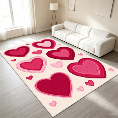 1PC Embroidered Patchwork Pink Red Heart Romantic Farmhouse Style area rugs for Living Room, Soft and Comfortable, Suitable for all seasons, easy-to-maintain, machine washable Indoor floor mat, suitable for dining table, Home Decor, Outdoor Decor.