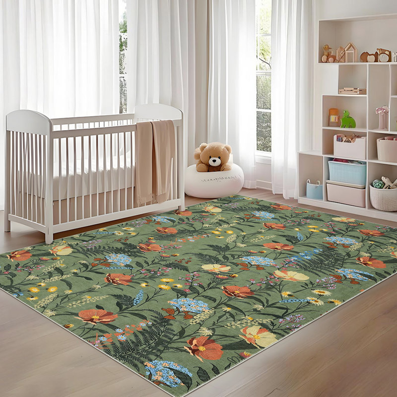 Modern Rug for Living Room Large Floral Printed Floor Carpet, Easy Cleaning Stain-Resistant Contemporary Indoor Mat for Bedroom, Office, Green