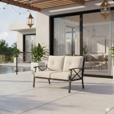 48'' All-Weather Metal Loveseat Patio Sofa with Beige Cushions (Khaki Frame)