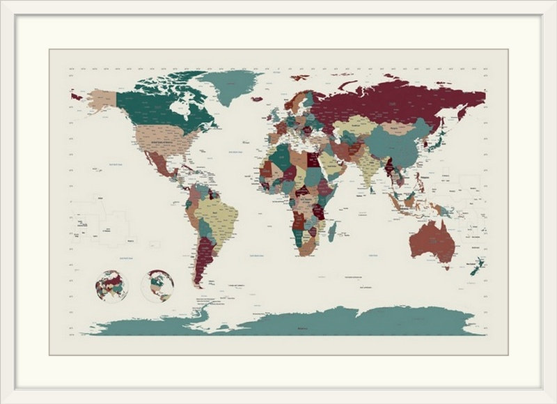 Francy «World Map» par Bellen, impression, H 28 po x l 38 po x P 1 po, Cadre blanc
