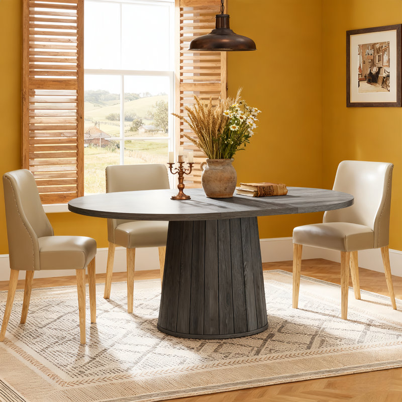 55 Inch Oval Dining Table With Wood Base For Dining Room, Kitchen, Gray/Gray Wood