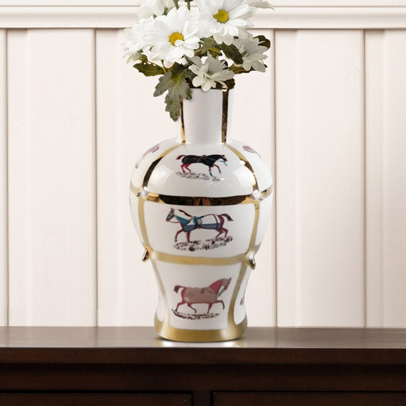 Ellenburg Handmade Ceramic Vase for Living Room Decor, White with Horse Design Modern Home Decoration
