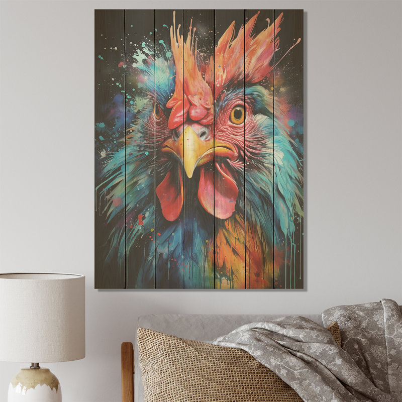 «Blue Red Rooster Chorus Portrait II - Coq» sur bois, H 20 po x l 10 po