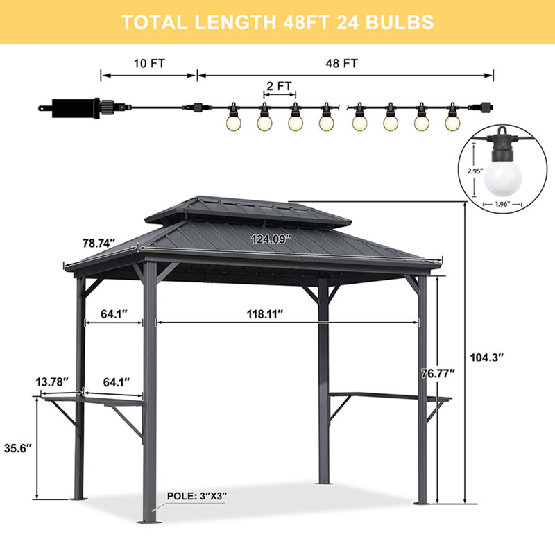 Aluminum Hardtop Grill Gazebo with Lighted, Gray, 6' x 10'