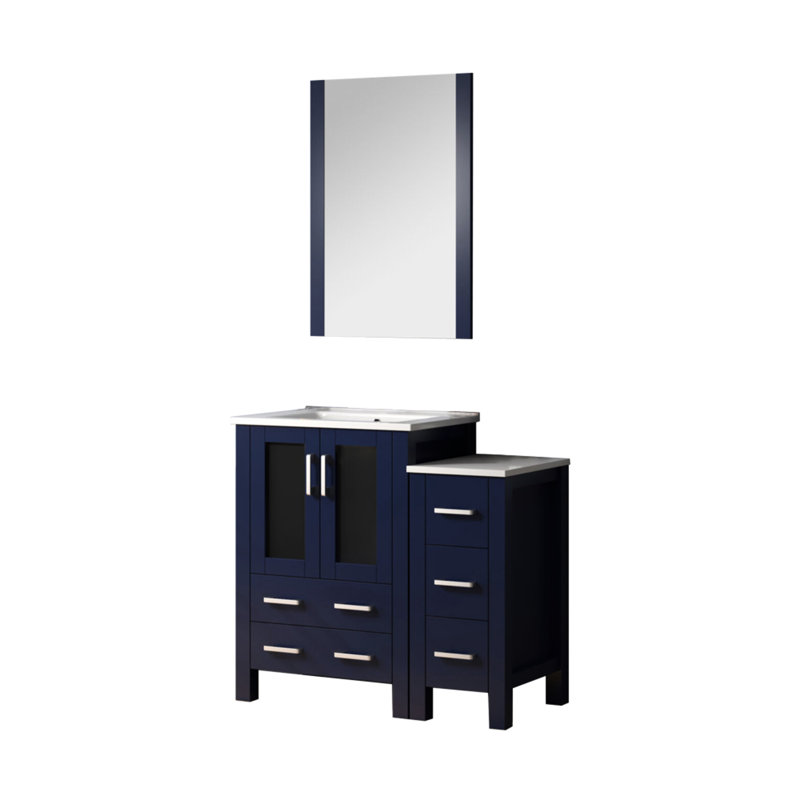 Bleu marine 36 po Le meuble-lavabo de largeur est livré avec une armoire latérale, un comptoir en céramique blanche, un miroir de 22 po et un rangement intérieur robuste avec plateau de salle de bain, conception fonctionnelle