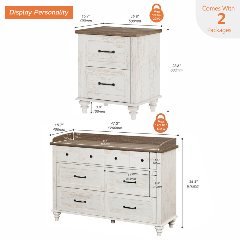 Senon 2 Piece Bedroom Set, Antique White/Brown