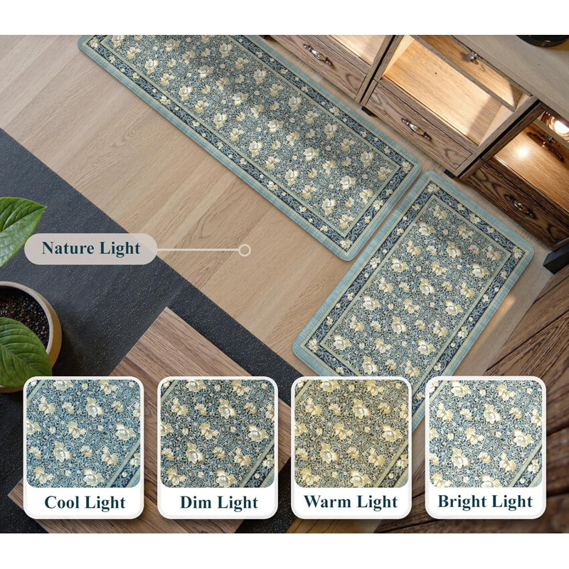 Sets of 2 Comfort Boho Vintage Floral Sink Rug, 119cm L x 44cm W, Blue