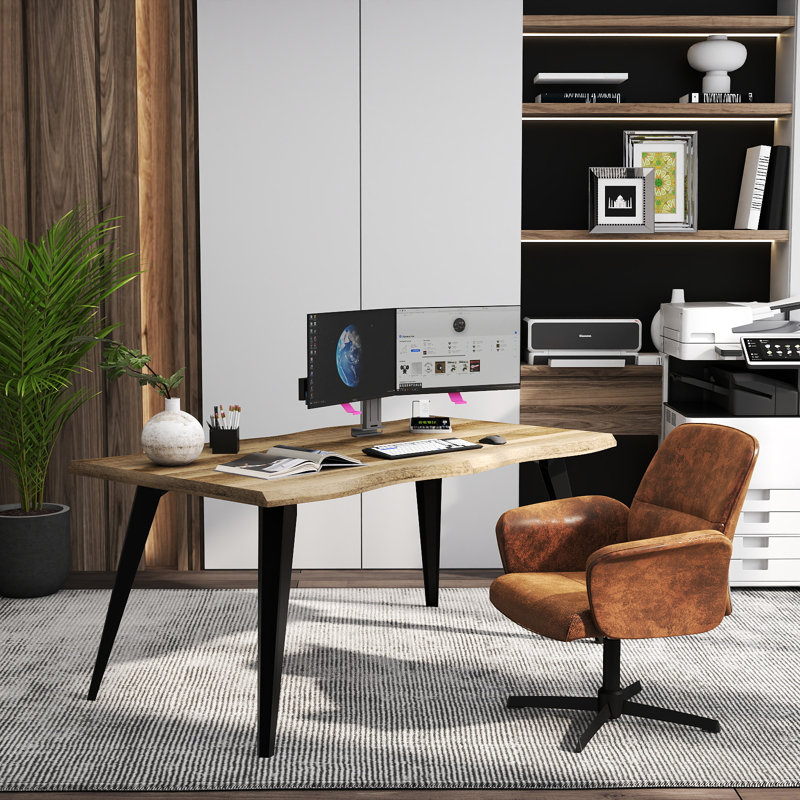 2-Piece Industrial Swivel Office Chair and Rectangular Wood Desk Set for Home Office or Executive Workspace, Beige