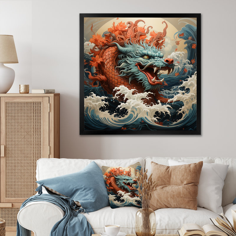 Dragon japonais japonais au large de Kanagawa III - Dragons, art mural, Cadre simple noir, H 36 po x l 36 po x P 1,5 po