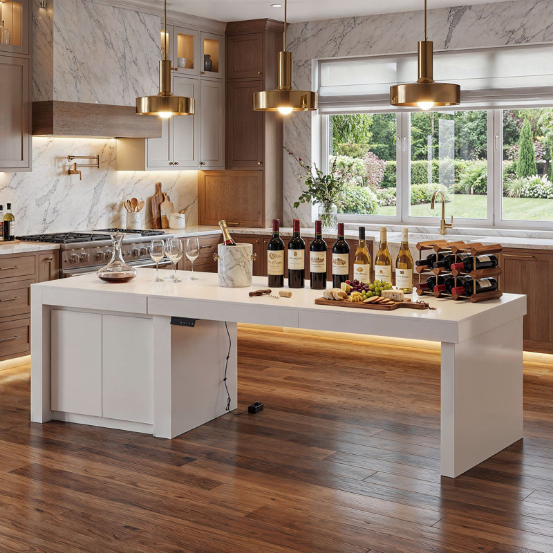Grande table de bar / salle à manger de 110 po de large avec armoire de rangement, blanc