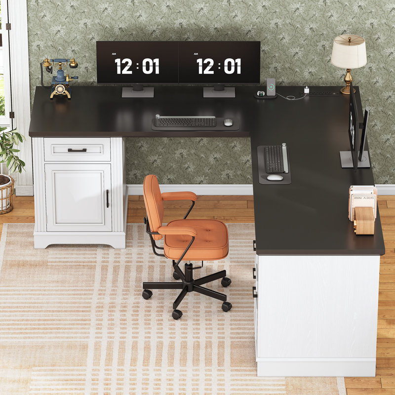 Suter L-Shaped Executive Desk with File Drawer and Power Outlet, Black/White