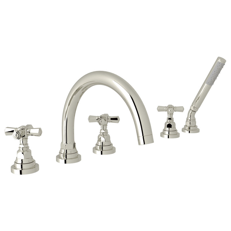 San Giovanni 5-Hole Deck Mount Tub Filler, Polished Nickel, Cross