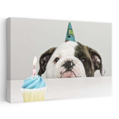 Birthday Bulldog Puppy Contemporary Bulldog Dog Wall Art Print 1 Piece Wrapped Canvas Wall Art