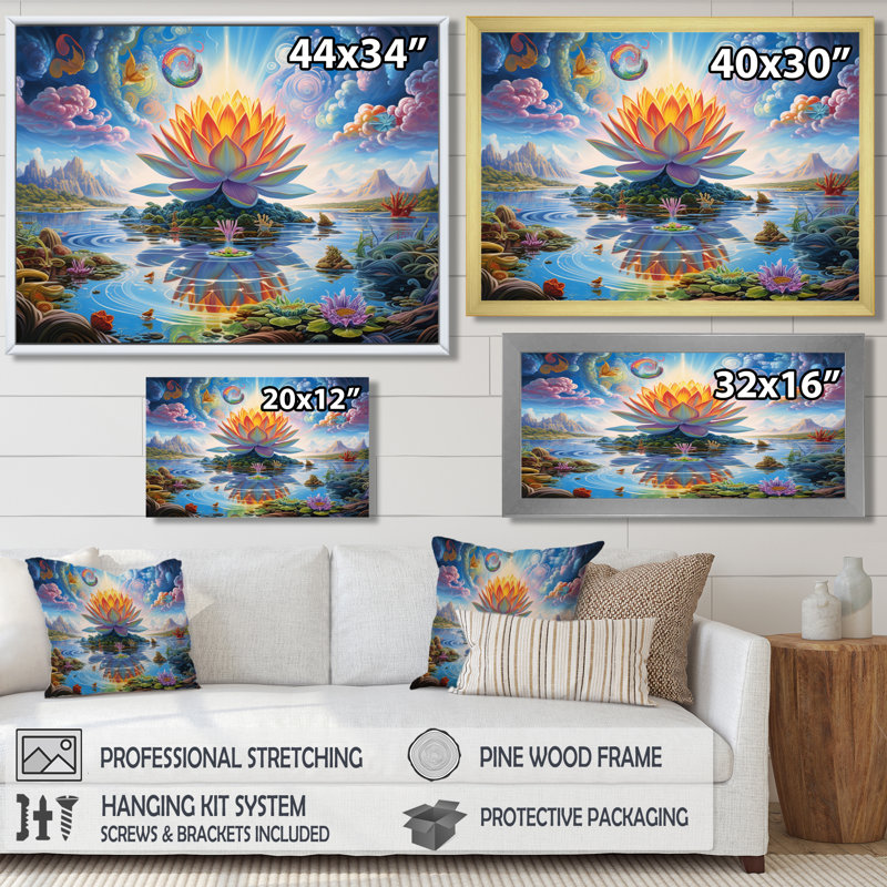 Lotus majestueux pastel - paysage abstrait, art mural, Cadre flottant doré, H 30 po x l 40 po
