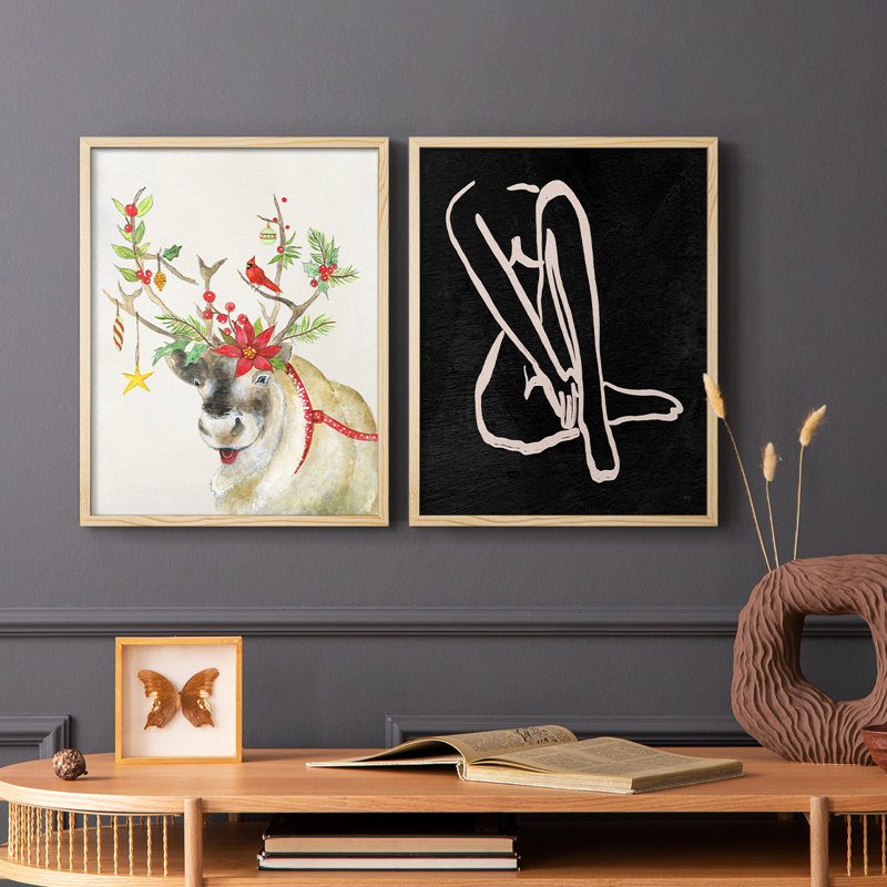 Playful Reindeer II - reproduction encadrée de qualité supérieure - prête à être accrochée - aucun clou requis - aucun clou requis