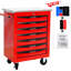 Rouge et noir, 7 tiroirs, chariot à outils à roulettes, roues, toit en acier inoxydable, garage, entrepôt, mécanisme de verrouillage universel, poignée à tirer d'un côté, glissières de tiroir à roulement multifonctionnelles, tiroir, réparation