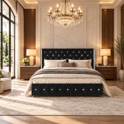 Alber Upholstered Bed Frame With Diamond Tufted Headboard, Modern Wingback, No Box Spring Needed