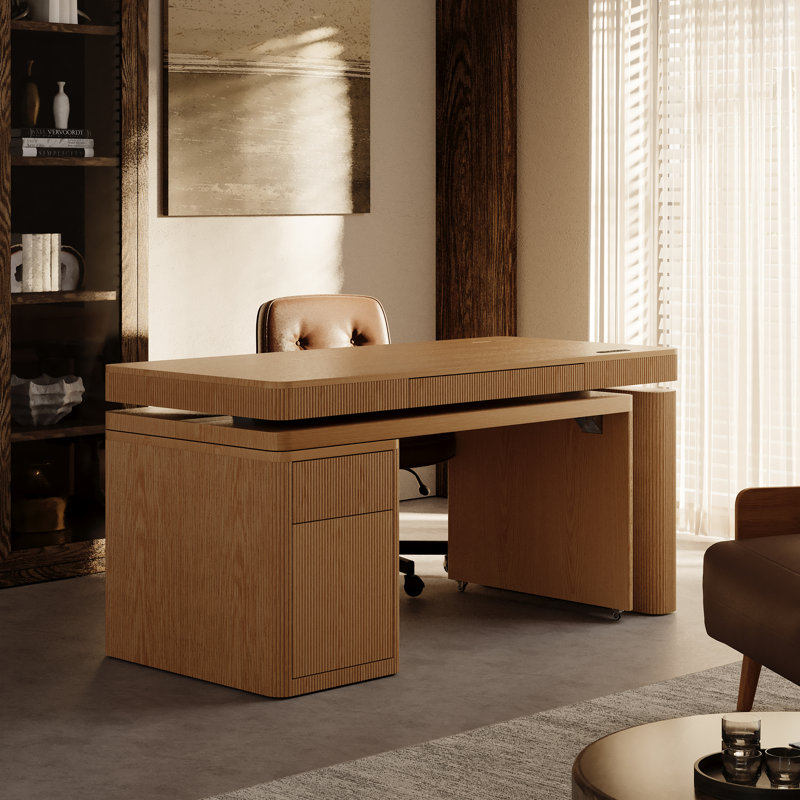 Bureau assis-debout électrique de 160 cm de long avec plateau pivotant à 360°, tablette de rangement, armoire et plateau en bois massif.