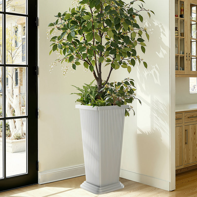 24'' H Rectangular Tall Planter with Tray (Set of 2) for Indoor/Outdoor Use, White