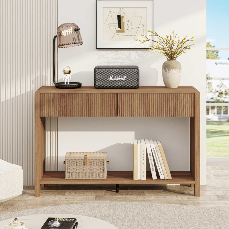 Console de 47,2 po avec 2 tiroirs, table de canapé en bois pour le couloir d'entrée du salon, Noyer