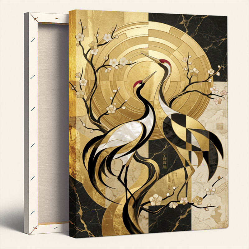 Golden Cranes, reproduction d'art sur toile, ensemble de 1, 40"H x 28"W, Wrapped Canvas