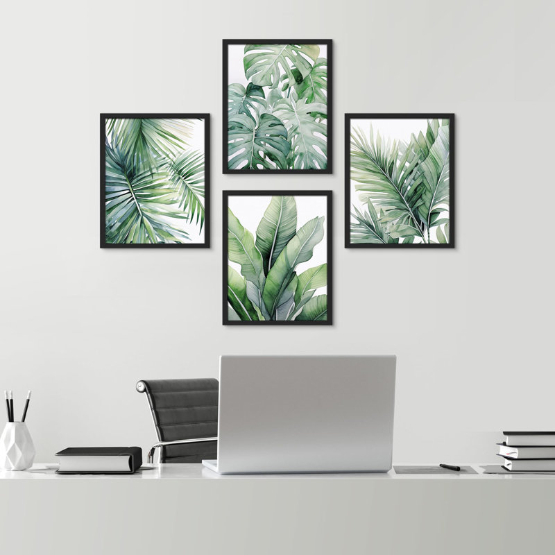 Plantes de la jungle tropicale, feuilles vertes, 4 pièces, Noir, H 16 po x l 12 po