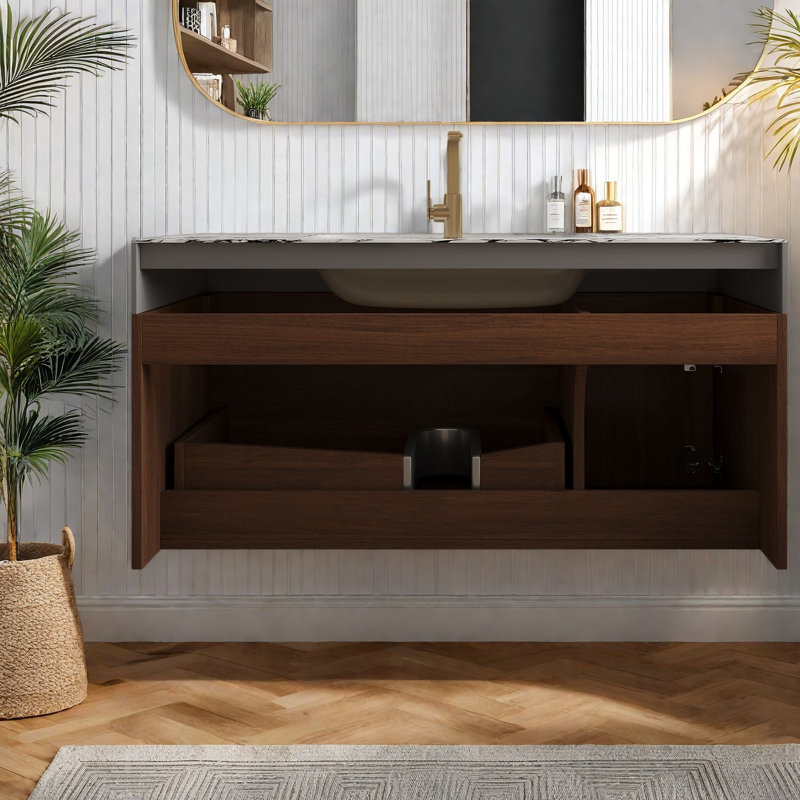 Meuble-lavabo flottant (doit inclure le meuble-lavabo et le lavabo) avec rangement, plateau en pierre sans soudure, fixation murale noyer moderne