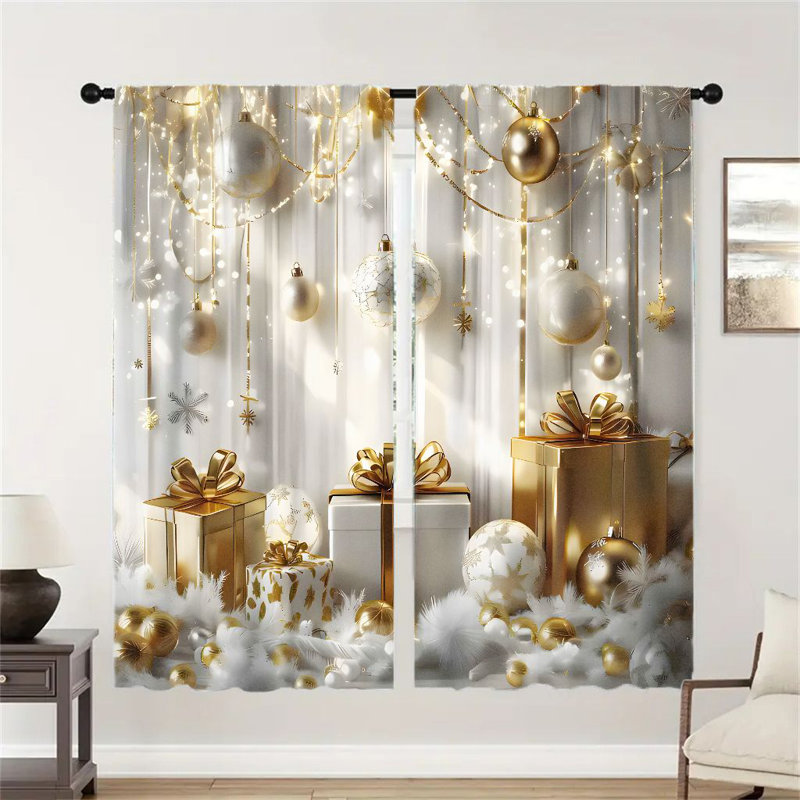 2Pcs Elegant Christmas Gift Boxes Window Curtains - Holiday Ornaments Gold White Design, Light Filtering Rod Pocket Panels Festive Home Decor for Living Room Bedroom Kitchen Dining
