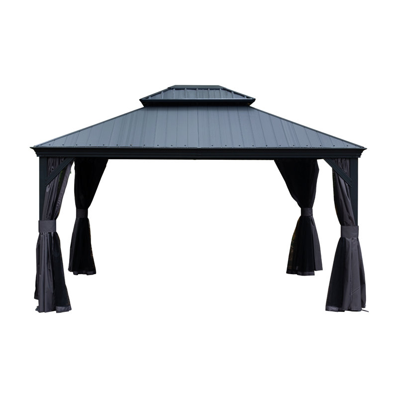 Hardtop Gazebo With Resin Roof, Outdoor Metal Gazebo With Drainage Gutters, Permanent Heavy Duty Pavilion For Patio, Backyard And Deck, Curtains And Mosquito Netting Included