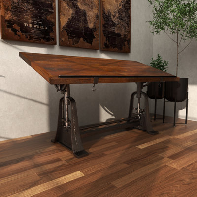 Teak Wood Drafting Style Desk with Tilting Top and Crank Height Adjustment