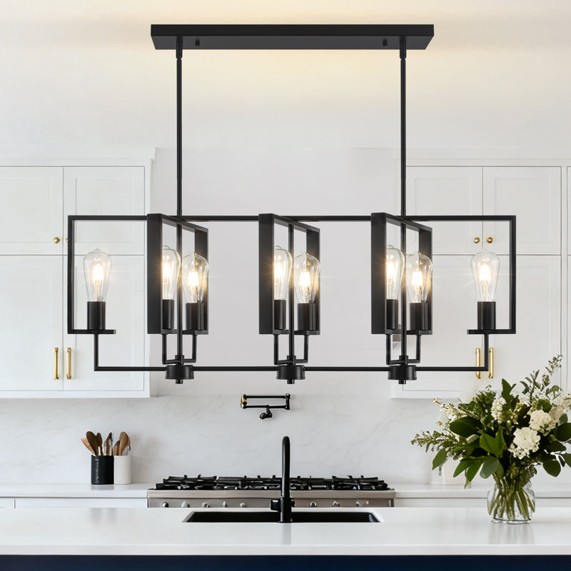  Luminaire suspendu en métal pour îlot de cuisine 8 lumières Kubis, Noir mat