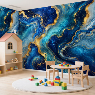 Wall Mural Peel and Stick Wallpaper Blue marble Effect gold abstract Indigo ocean blue marbling natural Self-Adhesive Removable Contact Paper Wall Decor for Living Room Bedroom 100"H x 144"W